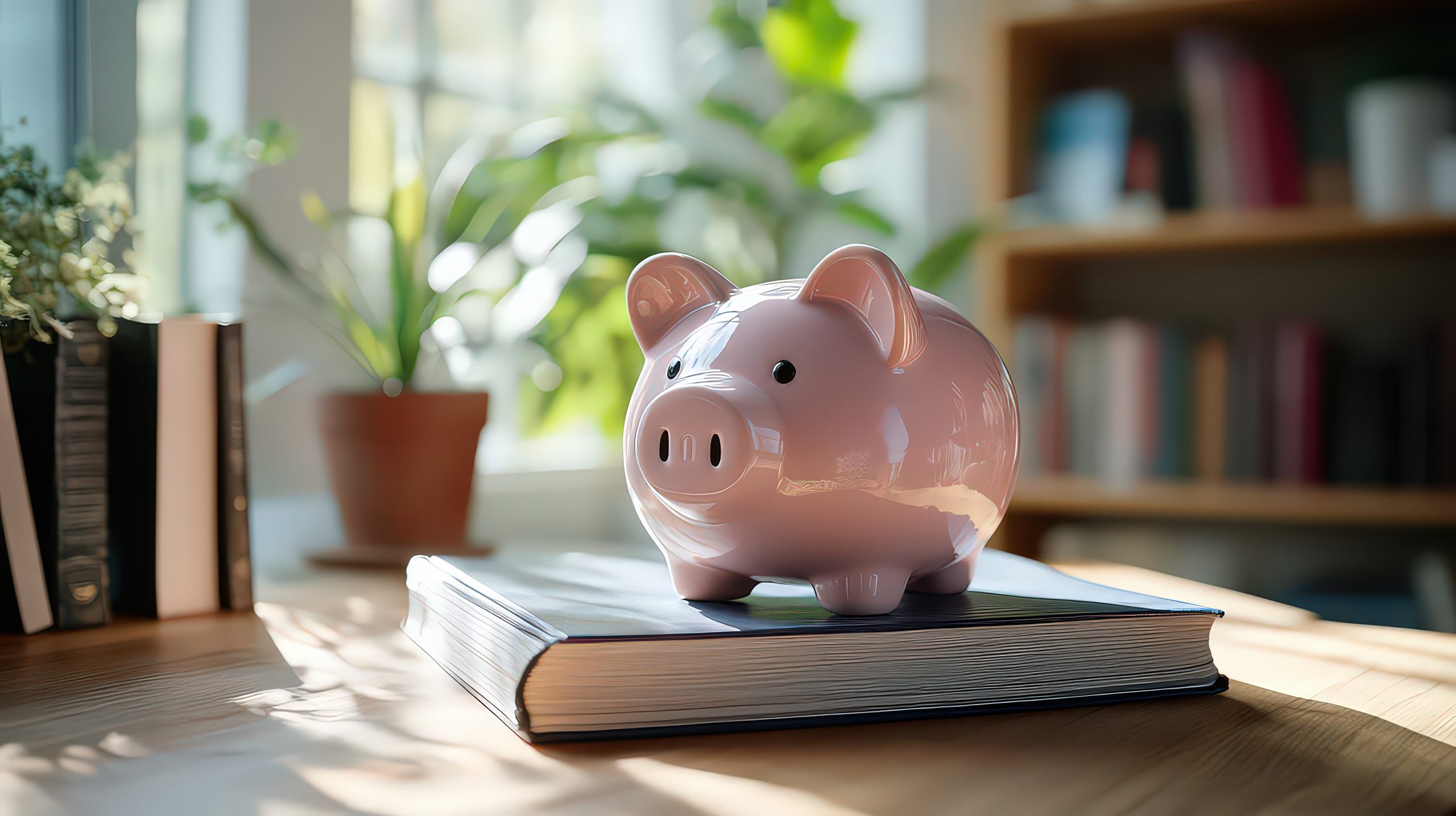 pink piggy bank sitting on top of a book in a sunlit room, representing savings, financial planning, and smart money management in a calm, organized space. pink piggy bank sitting on top of a book in a sunlit room