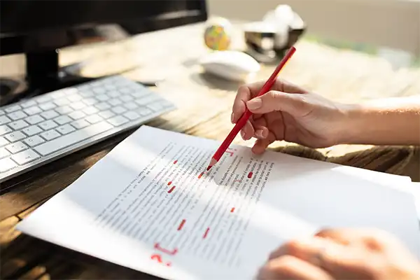 Closeup of a hand holding a red pen and making edits to a page