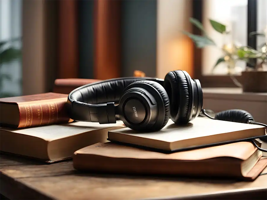 A pair of headphones sitting on a stack of old brown books in a home office.