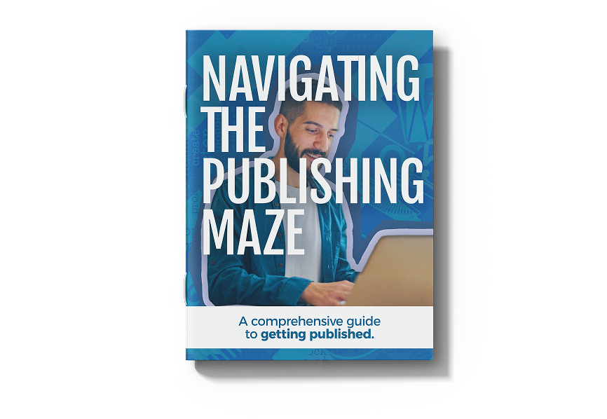 navigating-publishing-maze-book 3 pages fanned out on a white background displaying the Fulton writers guide cover and interior content.
